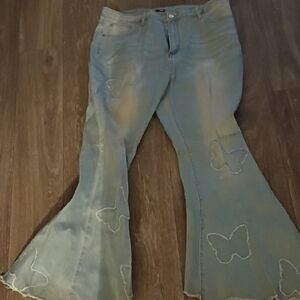 Butterfly Embroidered Flared Jeans